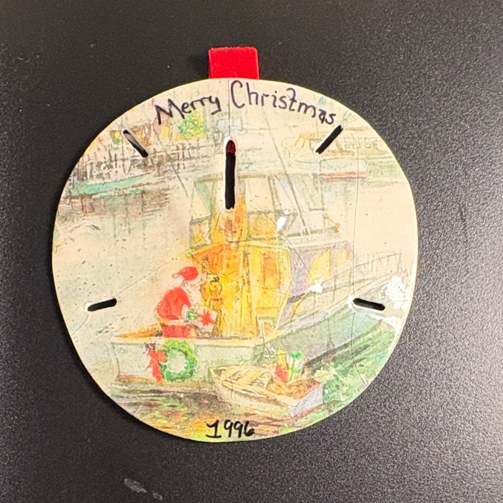 Vtg Merry Christmas Sand dollar Ornament with Santa nautical boat Design 1996